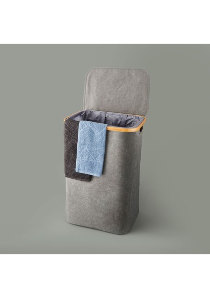 Kapaklı Katlanabilir Dikdörtgen Çamaşır Sepeti - Gri - 80 Lt