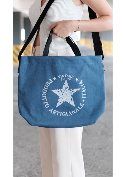 Lacivert Yıldız Desenli Çapraz Askılı Kanvas Tote Çanta