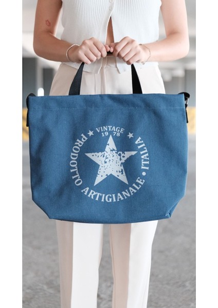 Lacivert Yıldız Desenli Çapraz Askılı Kanvas Tote Çanta fiyatları