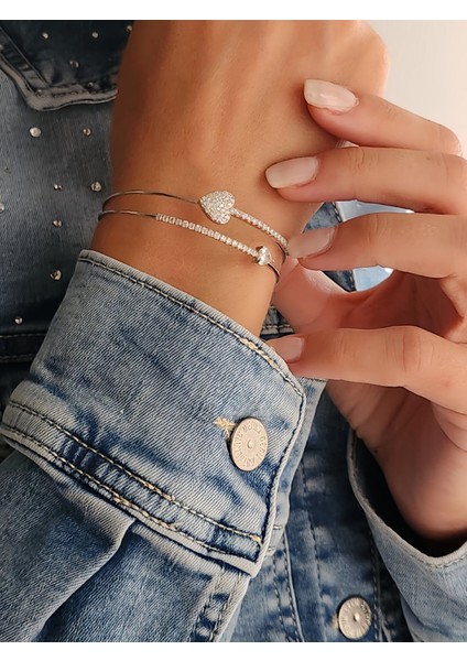 Kalp Damla Iki Sıralı Model Silver Renk Çelik Ayarlanabilir Bileklik Kelepçe modelleri