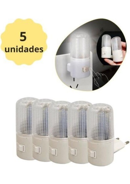 5'li 1W Beyaz Işıklı Fişli Gece Lambası, Aç/kapa Düğmeli, 8 cm