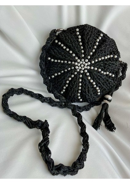 Inci Detaylı Siyah Makaron ve Hasır Bohem El Örgüsü Çanta