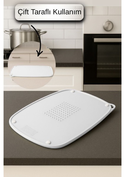 Çift Taraflı Gıda Hazırlık ve Kesim Tahtası – Kaydırmaz, Rende Bölmeli, Askı Aparatlı