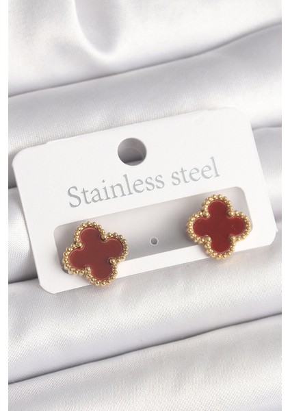 Pirinç Gold Renk Bordo Yonca Model Kadın Küpe