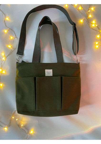 Haki Renkli Fermuarlı Laptop ve Tablet Taşımaya Uygun Kanvas Çanta