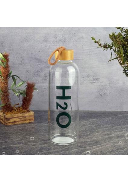 Bambu Kapaklı H2O Cam Matara - Şeffaf / Açık Kahverengi - 1 Lt