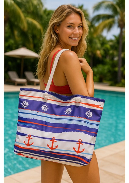 Kadın Askılı Renkli Desenli Havuz Tatil Plaj Çantası-Polyester-Okyanus Modeli