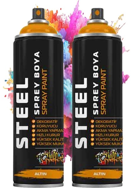 Altın Sarı Gold Sprey Boya 200 ml 2 Adet Hızlı Kuruyan Profesyonel Ahşap Plastik Demir Metal Cam Porselen Duvar Renkli