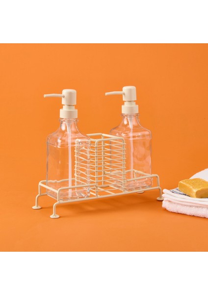Cream 2'li Metal Stantlı Cam Sıvı Sabunluk - Şeffaf / Krem - 200 ml
