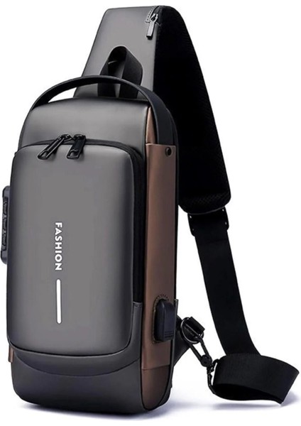 Gri USB Portlu Kilitli Erkek Omuz ve Göğüs Çantası, Su Geçirmez, Günlük ve Seyahat Kullanımı