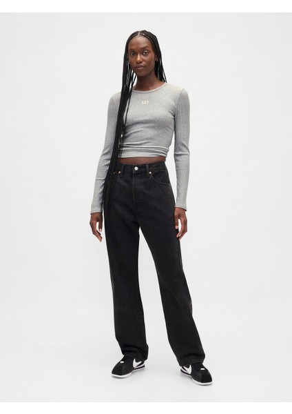 Kadın Gri Modern Fitilli Logo Crop T-Shirt indirimleri