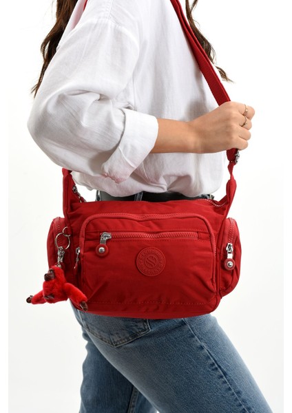 Suya Dayanıklı Kadın Çok Gözlü Kırmızı Omuz Çantası