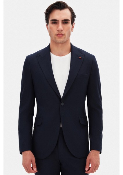 Slim Fit Lacivert Armürlü Takim Elbise