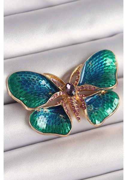 Pirinç Gold Renk Turquaz Model Zirkon Taş Detaylı Kelebek Model Kadın Broş