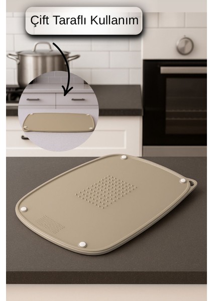Çift Taraflı Gıda Hazırlık ve Kesim Tahtası – Kaydırmaz, Rende Bölmeli, Askı Aparatlı