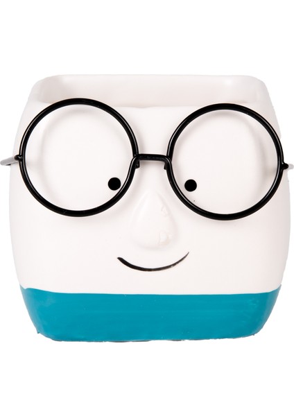 Seramik Saksı Gözlüklü Beyaz-Mavi 7x7 Cm.