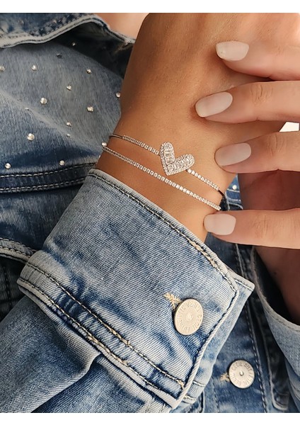 Kalp Iki Sıralı Model Silver Renk Çelik Ayarlanabilir Bileklik Kelepçe modelleri