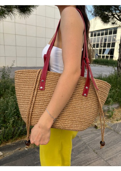 Kadın Hakiki Deri Jüt Hasır Omuz Çanta, Şık ve Hafif Kombin Aksesuarı