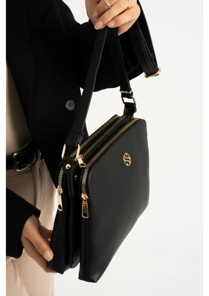 Şık Kadın Çapraz Askılı Suni Deri Omuz Çantası, 4 Bölmeli, Metal Fermuarlı, Siyah