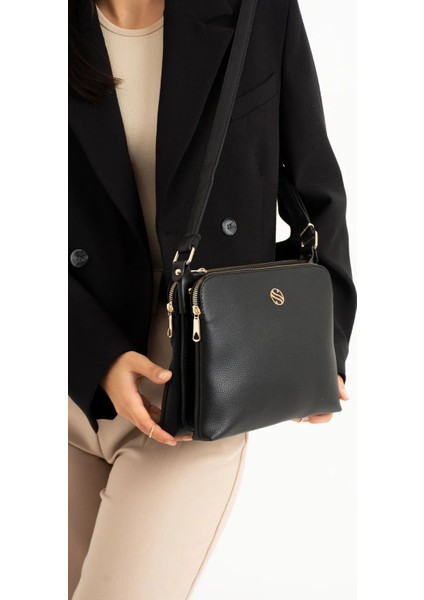 Şık Kadın Çapraz Askılı Suni Deri Omuz Çantası, 4 Bölmeli, Metal Fermuarlı, Siyah modelleri