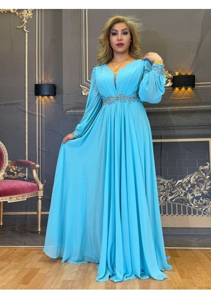 Abiye Elbise Şifon Kumaş Kadın Maksi Elbise Kol Detayları Mavi Taşli Işlemeli Açık Arka Yaka Astarlı