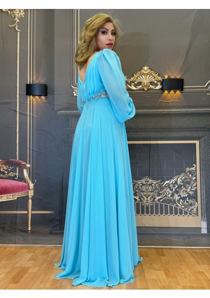 Abiye Elbise Şifon Kumaş Kadın Maksi Elbise Kol Detayları Mavi Taşli Işlemeli Açık Arka Yaka Astarlı fiyatları