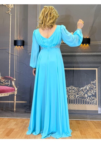 Abiye Elbise Şifon Kumaş Kadın Maksi Elbise Kol Detayları Mavi Taşli Işlemeli Açık Arka Yaka Astarlı modelleri