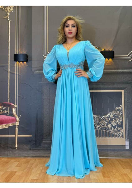 Abiye Elbise Şifon Kumaş Kadın Maksi Elbise Kol Detayları Mavi Taşli Işlemeli Açık Arka Yaka Astarlı fırsatları