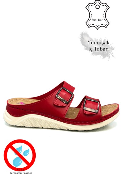 Çift Bant Tokalı Yumuşak ve Hafif Kalın Tabanlı Kadın Terlik Spor Terlik 521/1 Kırmızı modelleri