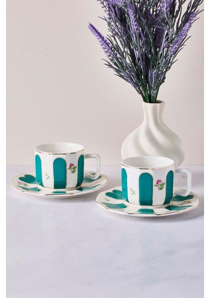 Yeşil 2 Kişilik 4 Parça Porselen Kahve Takımı