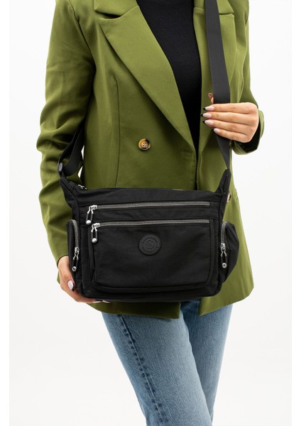 Suya Dayanıklı Çok Gözlü Çapraz Askılı Kadın Omuz Çantası Siyah indirimleri