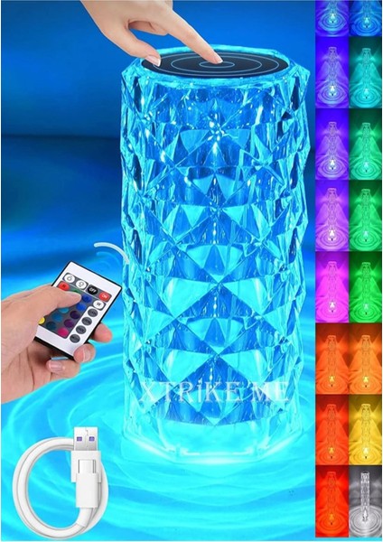 Kristal Akrilik LED Masa Lambası, 16 Renk, Uzaktan Kumandalı, Dokunmatik, Şık ve Modern