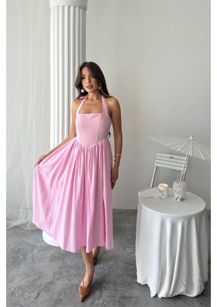 Pembe Boyundan Bağlamalı Keten Elbise modelleri