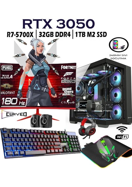Rebirth X35 Ryzen 7 5700X 32GB 1tb M2 SSD RTX3050 Gddr6 24'' 180HZ Curved Masaüstü Oyuncu Bilgisayar