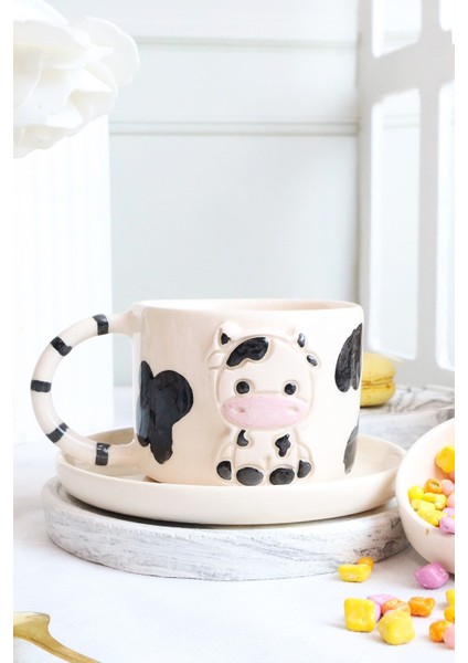 Inek Figürlü El Yapımı Seramik Kupa 170ML, Şık ve Doğal Tasarım.