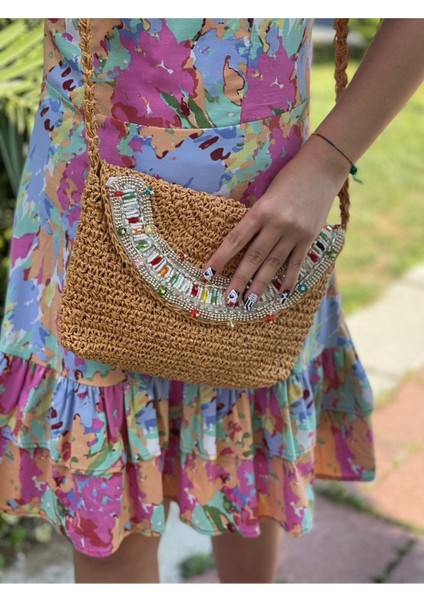 El Örgüsü Inci ve Boncuk Taşlı Şık Askılı Portföy Çanta 27X21