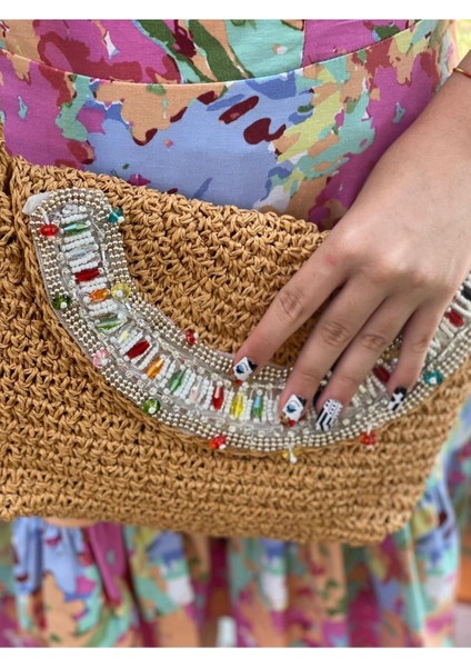El Örgüsü Inci ve Boncuk Taşlı Şık Askılı Portföy Çanta 27X21