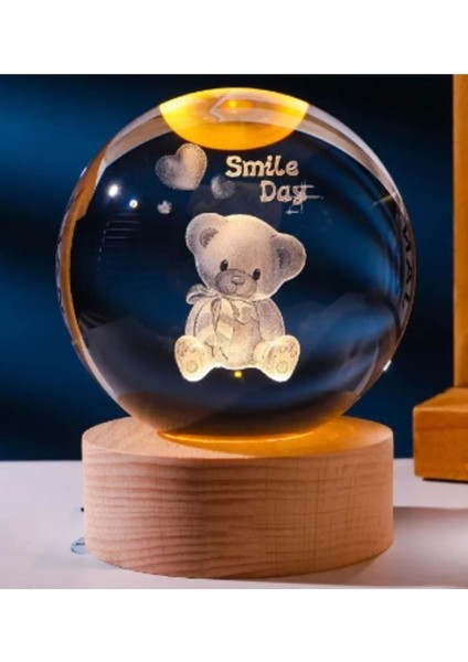 Renkli Ayıcık Tasarımlı Işıklı Cam Küre, Ahşap Altlık, 8cm Cam, 2cm Ahşap
