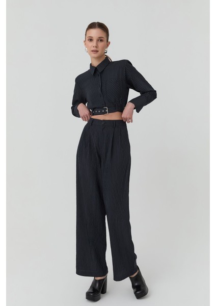 Çizgi Detaylı Yüksek Bel Pantolon Siyah