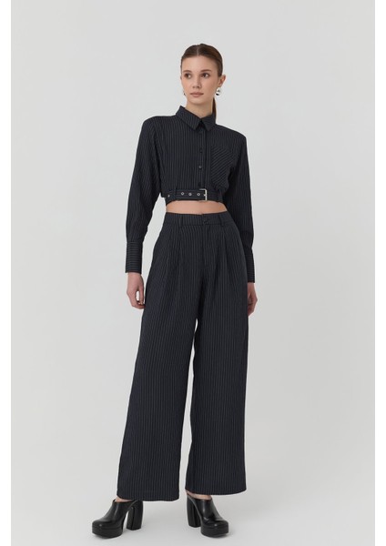 Çizgi Detaylı Yüksek Bel Pantolon Siyah modelleri