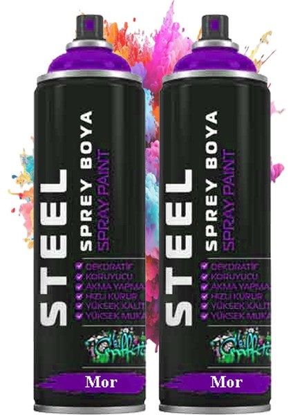 Mor Sprey Boya 200 ml 2 Adet Hızlı Kuruyan Profesyonel Ahşap Plastik Demir Metal Cam Porselen Duvar Renkli