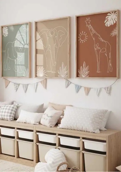 Mc Home Art Doğal Ahşap Çerçeveli Uv Baskı 3'lü Soyut Hayvan Desenli Tablo Seti Modern Çocuk Odası Duvar Dekoru