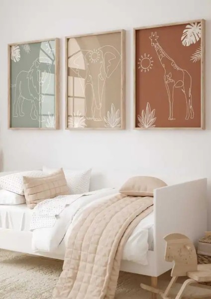 Mc Home Art Doğal Ahşap Çerçeveli Uv Baskı 3'lü Soyut Hayvan Desenli Tablo Seti Modern Çocuk Odası Duvar Dekoru fiyatları