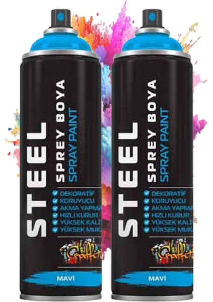 Mavi Sprey Boya 200 ml 2 Adet Hızlı Kuruyan Profesyonel Ahşap Plastik Demir Metal Cam Porselen Duvar Renkli