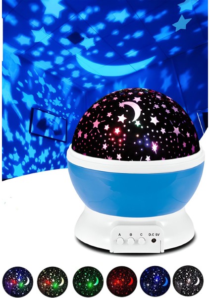 Renkli LED Gece Lambası, Dönen Başlıklı, Projeksiyonlu, USB Veya Pilli, Yıldızlı Gökyüzü