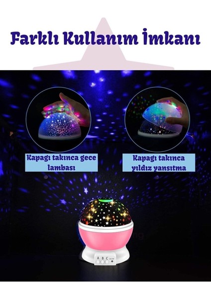 Renkli LED Gece Lambası, Dönen Başlıklı, Projeksiyonlu, USB Veya Pilli, Yıldızlı Gökyüzü