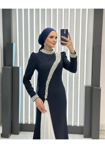 Suzana Kumaş Taş Işlemeli Dört Mevsim Hakim Yaka Astarlı Tesettür Abiye Elbise