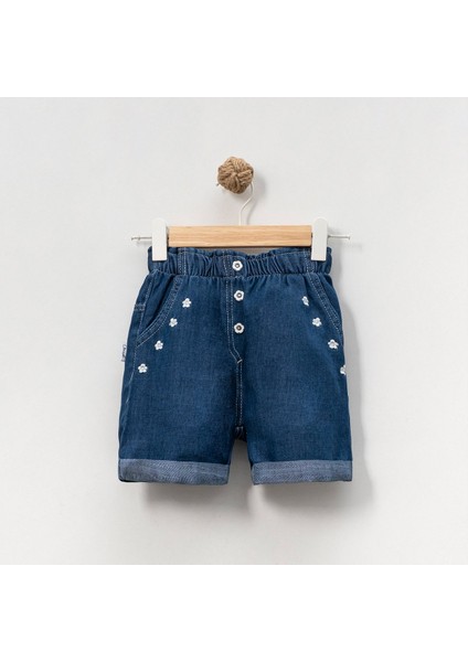 Kız Çocuk Çiçek Nakışlı Rahat Kalıp Yazlık Kot Kumaş Şort