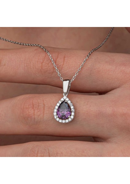 Gümüş Damla Mor Taşlı Kadın Kolye