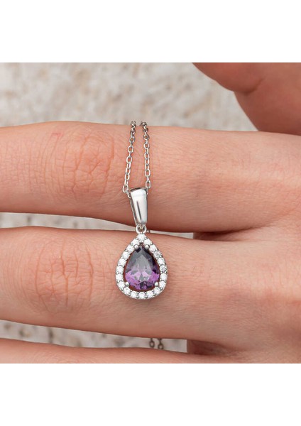 Gümüş Damla Mor Taşlı Kadın Kolye fırsatları